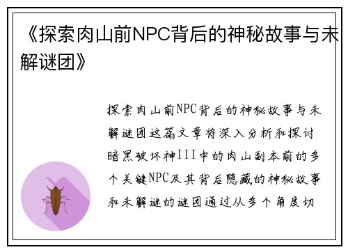 《探索肉山前NPC背后的神秘故事与未解谜团》