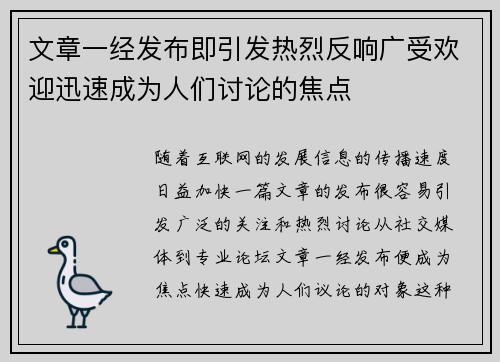 文章一经发布即引发热烈反响广受欢迎迅速成为人们讨论的焦点
